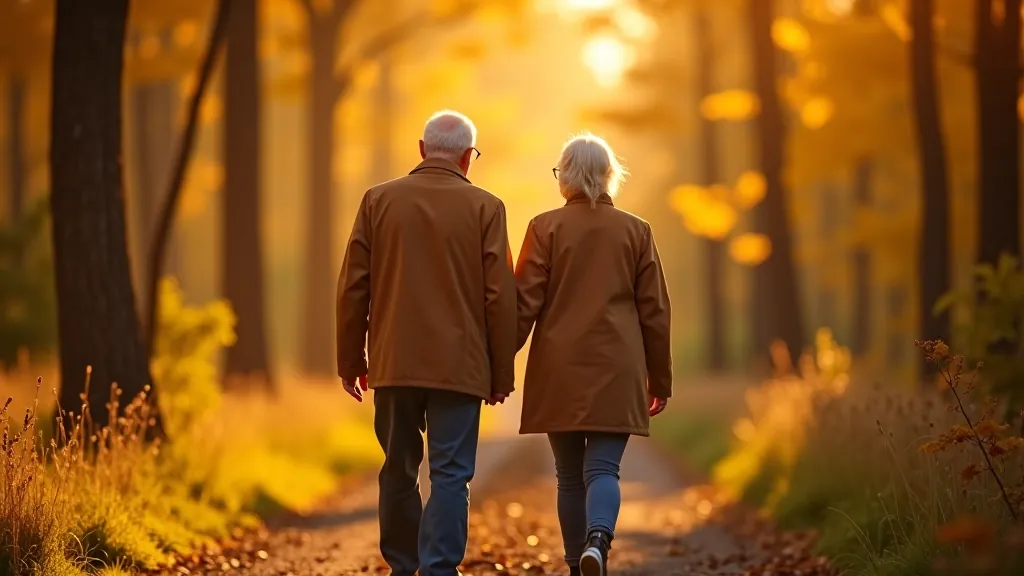 Senioru pāris staigā pa mežu ceļu Aleksupītes gorģē, skaista rudens daba apkārt, mierīga atmosfēra