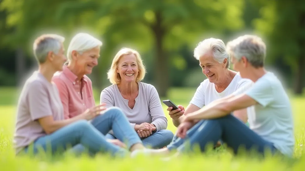 Piecas senioru sievietes sēž uz soļiem parkā, smaidot un sarunājoties, draudzīga atmosfēra