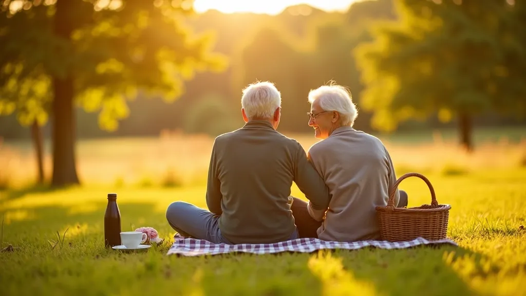 Senioru pāris sēž uz pīknika skaļa zālē ar dīķi aizmugurē, pieņemami ēdieni blakus