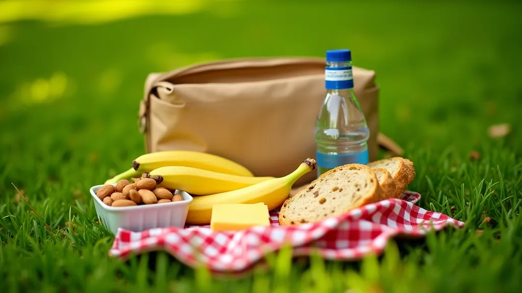 Vienkārša piknika soma uz zāles ar iepaļām svinīm un produktiem, kas paņemti uz pastaigām